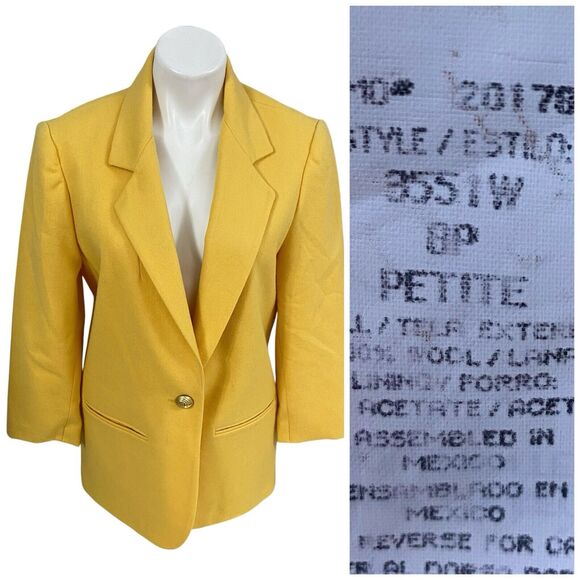Savannah Blazer Womens 8P Jacket Yellow Wool VTG Career Professional Work Office - Picture 1 of 14